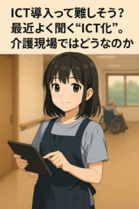 介護現場で働く女の子がタブレットを持ってる画像