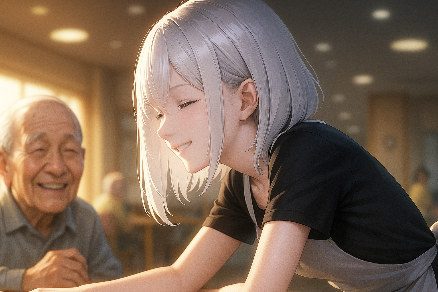 生成AIイラスト。介護士施設で働く女の人。
